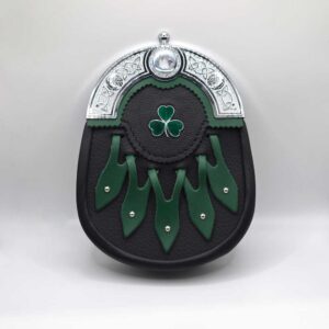 Band Sporran - Black and Green Leather with Celtic Cantle and Green Enameled Shamrock