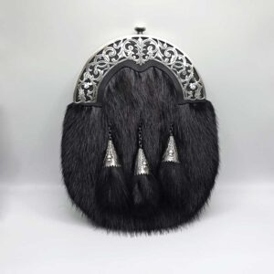 Dress Sporran - Pierced Thistle Cantle, Cast Cones, Black Musquash Fur